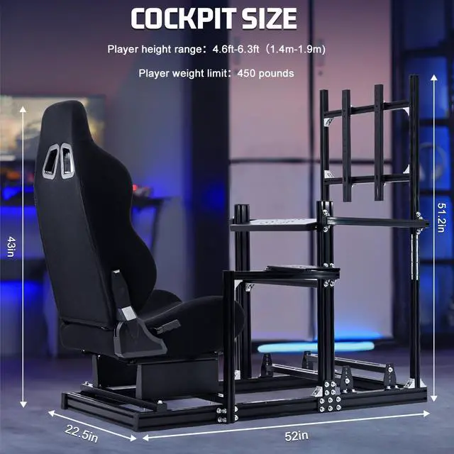 Alt view image 2 of 7 - Minneer Aluminium and Carbon Steel Racing Simulator Cockpit with Black Seat&Monitor Mount Fits for Logitech G29 G920 G923 Thrustmaster T300RS Gaming Steering Wheel Stand Without Shift levers Steering
