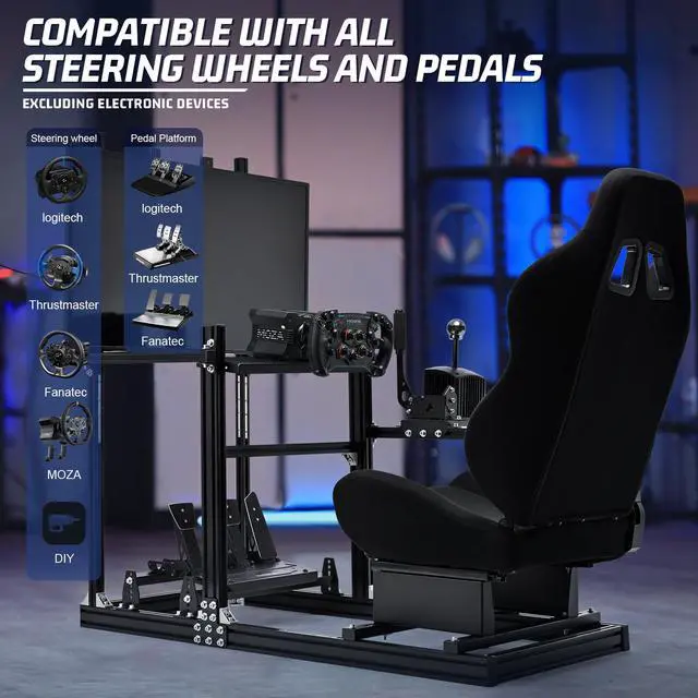 Alt view image 6 of 7 - Minneer Aluminium and Carbon Steel Racing Simulator Cockpit with Black Seat&Monitor Mount Fits for Logitech G29 G920 G923 Thrustmaster T300RS Gaming Steering Wheel Stand Without Shift levers Steering