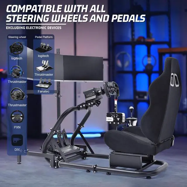 Alt view image 6 of 7 - Minneer Racing Simulator Cockpit with Triple Monitor Stand and Black Seat Compatible with Logitech/Thrustmaster/Fanatec G29 G920 G923 T300RS CSL-DD, No Steering Wheel,Pedal,Handbrake