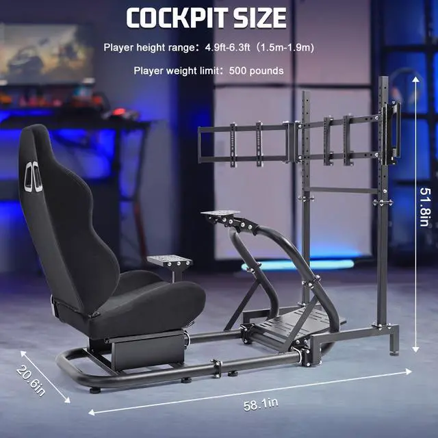 Alt view image 2 of 7 - Minneer Racing Simulator Cockpit with Triple Monitor Stand and Black Seat Compatible with Logitech/Thrustmaster/Fanatec G29 G920 G923 T300RS CSL-DD, No Steering Wheel,Pedal,Handbrake