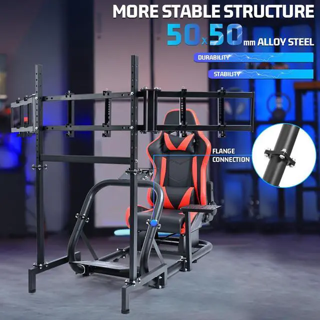 Alt view image 3 of 8 - Minneer Racing Simulator Cockpit with Triple Monitor Stand and Red Seat Fit for Logitech/Thrustmaster/Fanatec T500RS TX G29 G920 G923 CSL-DD, No Steering Wheel,Pedal,Handbrake