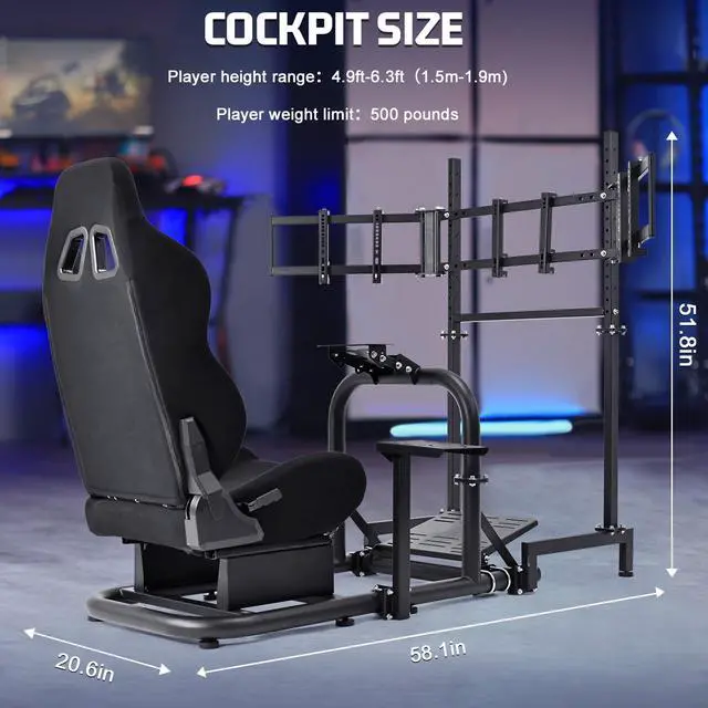 Alt view image 2 of 7 - Minneer Racing Simulator Cockpit Vertical Bracket with Triple Monitor Stand and Black Seat Compatible with Logitech/Thrustmaster/Fanatec G29 G920 G923 T300RS CSL-DD, No Steering Wheel, Pedal or Shifte