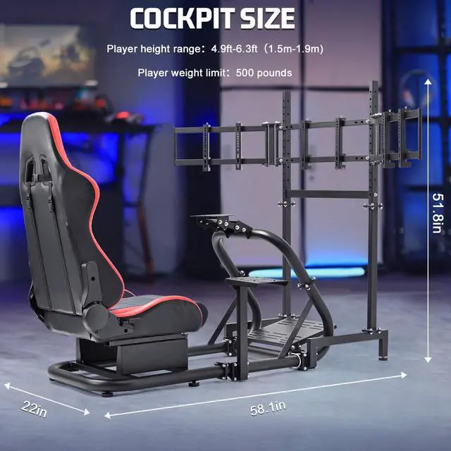 Alt view image 2 of 7 - Minneer Racing Simulator Cockpit with Triple Monitor Stand and Red Seat Compatible with Logitech/Thrustmaster/Fanatec G29 G920 G923 T300RS CSL-DD, No Steering Wheel,Pedal,Handbrake
