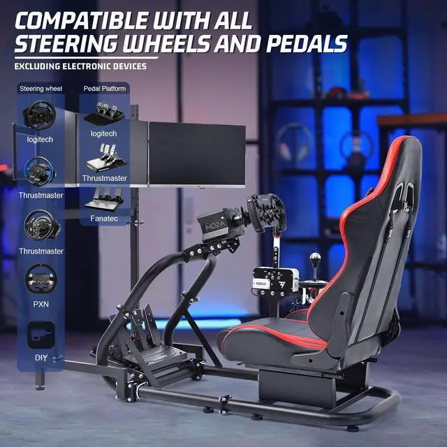 Alt view image 6 of 7 - Minneer Racing Simulator Cockpit with Triple Monitor Stand and Red Seat Compatible with Logitech/Thrustmaster/Fanatec G29 G920 G923 T300RS CSL-DD, No Steering Wheel,Pedal,Handbrake