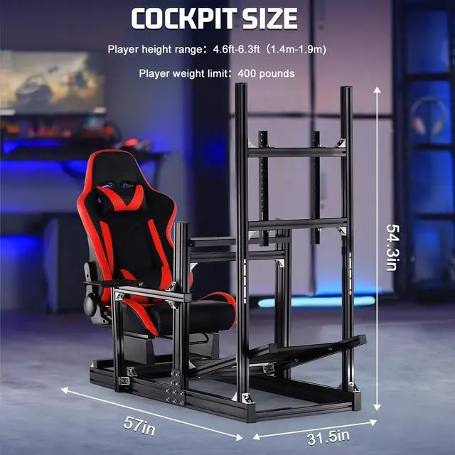Alt view image 2 of 7 - Minneer Aluminum Racing Sim Cockpit Stand with Monitor Mount & Red Seat Fit Logitech/Thrustmaster/Fanatec G29 G920 G923 T128 T300,Adjustable Steering Wheel Stand, Not Included Wheel, Pedals & Shifter