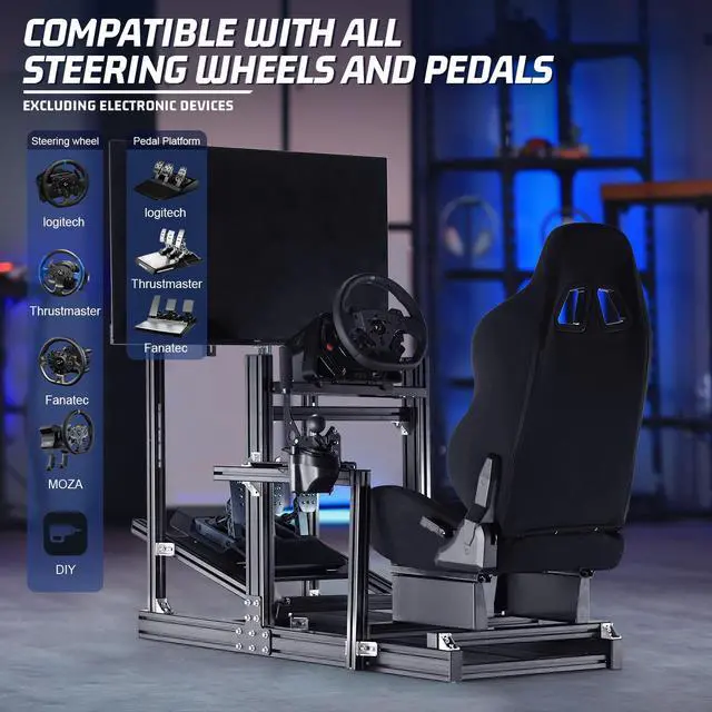 Alt view image 6 of 7 - Minneer Aluminum Racing Simulator Cockpit Stand with Monitor Mount and Black Seat Fit for Logitech/Thrustmaster/Fanatec G29 G920 G923 T300,Not Included Wheel,Pedals & Shifter