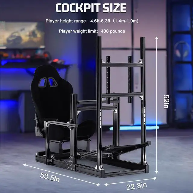 Alt view image 2 of 7 - Minneer Aluminum Racing Simulator Cockpit Stand with Monitor Mount and Black Seat Fit for Logitech/Thrustmaster/Fanatec G29 G920 G923 T300,Not Included Wheel,Pedals & Shifter