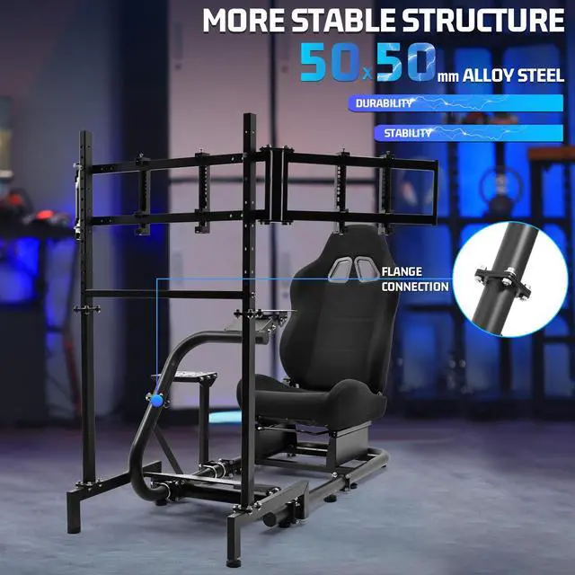 Alt view image 3 of 7 - Minneer G27 Racing Sim Simulator Cockpit with Black Seat Equipped with Triple Monitor Stand fit for Thrustmaster T300RS,Fanatec,Logitech G29 G920 G923,PS5 Handbrake Wheel Shifter Pedals NOT Included