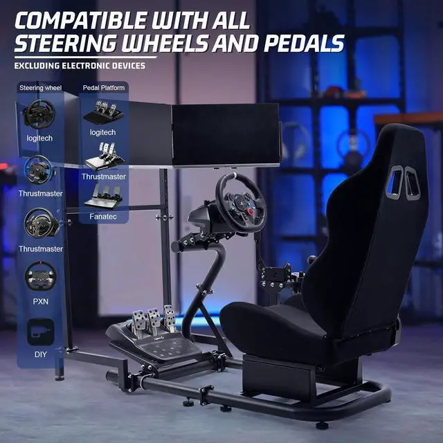 Alt view image 6 of 7 - Minneer G27 Racing Sim Simulator Cockpit with Black Seat Equipped with Triple Monitor Stand fit for Thrustmaster T300RS,Fanatec,Logitech G29 G920 G923,PS5 Handbrake Wheel Shifter Pedals NOT Included