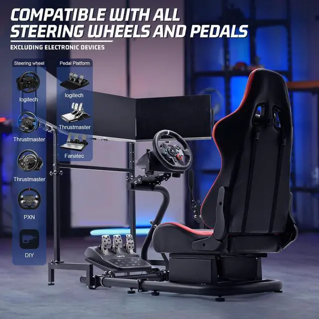 Alt view image 6 of 7 - Minneer G25 Racing Sim Simulator Cockpit with Red Seat Equipped with Triple Monitor Stand fit for Thrustmaster T300RS,Fanatec,Logitech G27 G29 G920 G923,PS5 Handbrake Wheel Shifter Pedals NOT Included