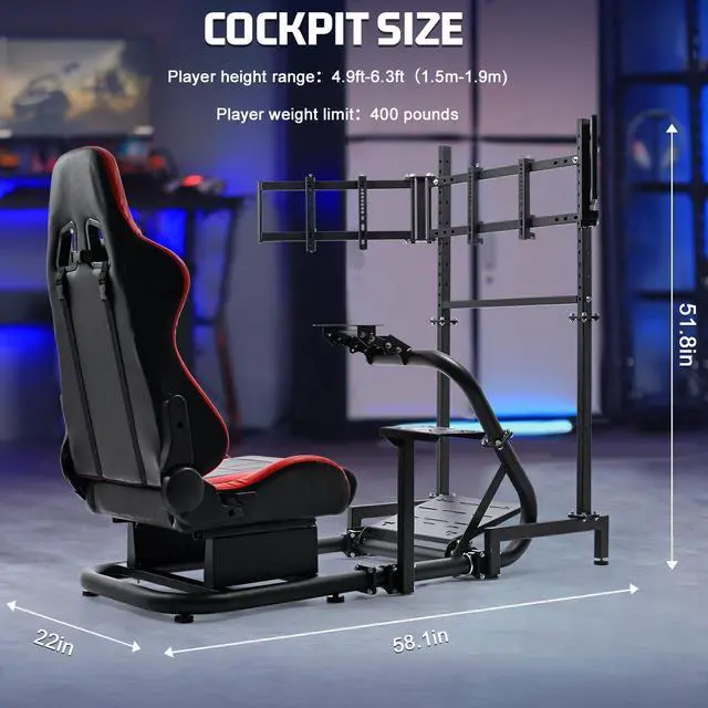 Alt view image 2 of 7 - Minneer G25 Racing Sim Simulator Cockpit with Red Seat Equipped with Triple Monitor Stand fit for Thrustmaster T300RS,Fanatec,Logitech G27 G29 G920 G923,PS5 Handbrake Wheel Shifter Pedals NOT Included