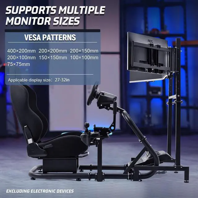 Alt view image 5 of 7 - Minneer Driving Racing Simulator Cockpit with Triple Display Stand & Black Seat Fit for Fantec, Logitech,G923 G25 G920 T500 Wheel and Pedals Not Included