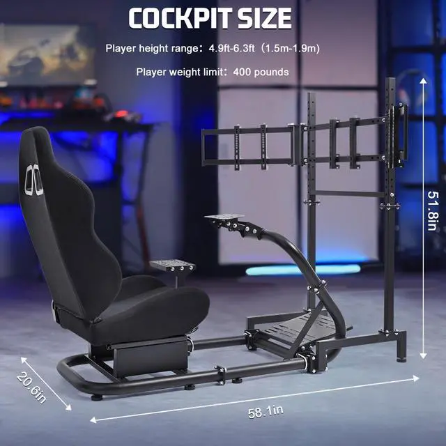 Alt view image 2 of 7 - Minneer Driving Racing Simulator Cockpit with Triple Display Stand & Black Seat Fit for Fantec, Logitech,G923 G25 G920 T500 Wheel and Pedals Not Included