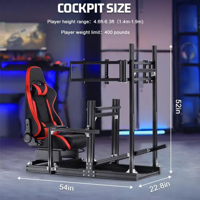 Alt view image 2 of 7 - Minneer 8040 Aluminum Profile Racing Simulator Cockpit with Triple Monitor Mount and Red Seat,Fit for Logitech/Thrustmaster/Moza Direct Drive Steering Wheel , Universal Adjustable Multi Cockpit