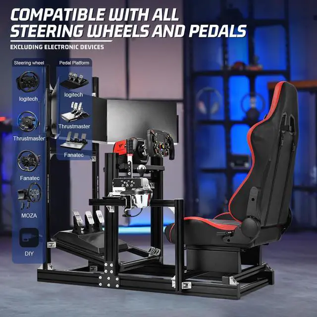 Alt view image 6 of 7 - Minneer 8040 Aluminum Profile Racing Simulator Cockpit with Triple Monitor Mount and Red Seat,Fit for Logitech/Thrustmaster/Moza Direct Drive Steering Wheel , Universal Adjustable Multi Cockpit