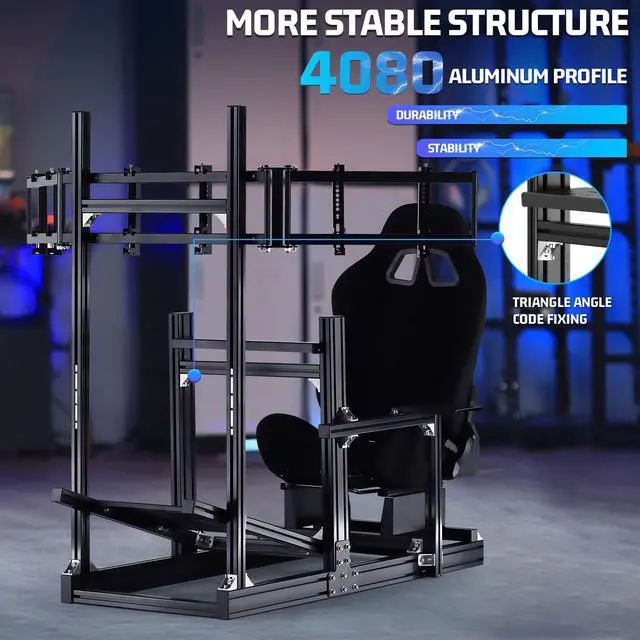 Alt view image 3 of 7 - Minneer Aluminum Profile Racing Simulator Cockpit With Triple Monitor Mount Black Seat, For Logitech/Thrustmaster/Fanatec Direct Drive Steering Wheel, GPRO T818, Multi Adjustable Universal cockpit