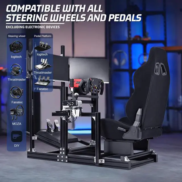 Alt view image 5 of 7 - Minneer Aluminum Profile Racing Simulator Cockpit With Triple Monitor Mount Black Seat, For Logitech/Thrustmaster/Fanatec Direct Drive Steering Wheel, GPRO T818, Multi Adjustable Universal cockpit