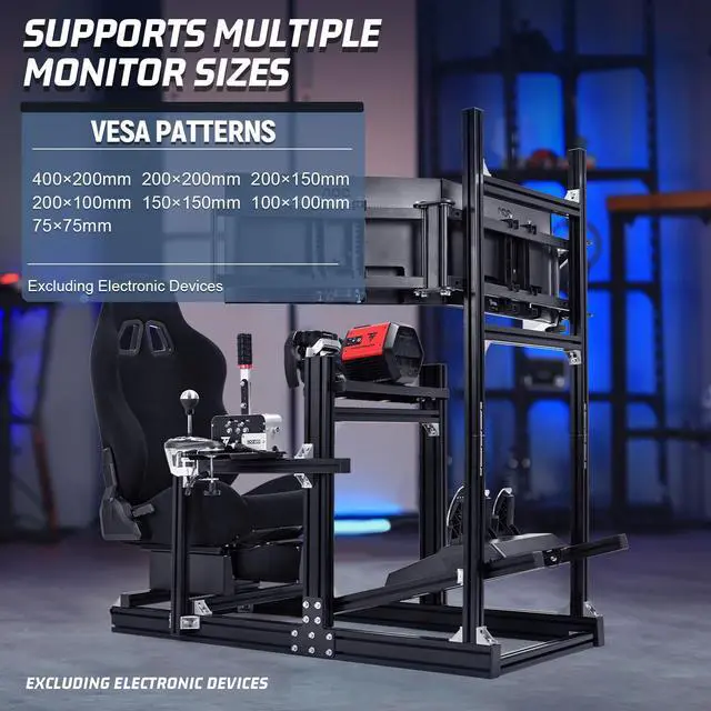 Alt view image 4 of 7 - Minneer Aluminum Profile Racing Simulator Cockpit With Triple Monitor Mount Black Seat, For Logitech/Thrustmaster/Fanatec Direct Drive Steering Wheel, GPRO T818, Multi Adjustable Universal cockpit