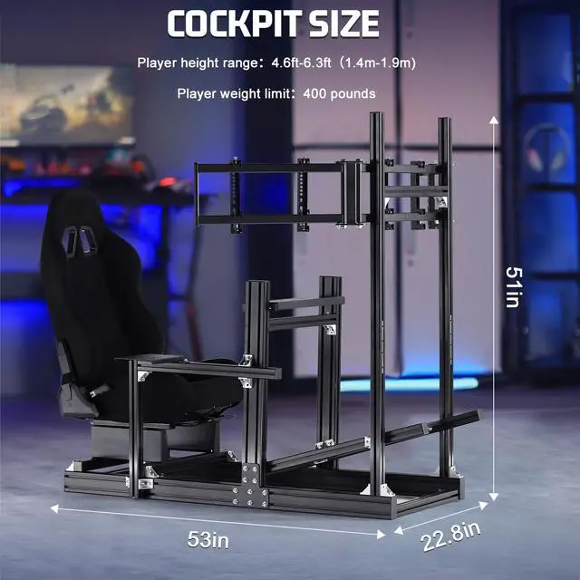 Alt view image 2 of 7 - Minneer Aluminum Profile Racing Simulator Cockpit With Triple Monitor Mount Black Seat, For Logitech/Thrustmaster/Fanatec Direct Drive Steering Wheel, GPRO T818, Multi Adjustable Universal cockpit