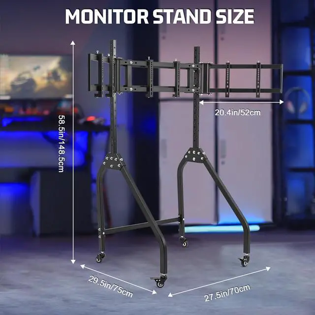 Alt view image 2 of 7 - Minneer Sim Racing Triple Monitor Stand with Wheels Compatible with 27/32-inch Displays Height and Tilt Adjustable, A-Frame Base for Flight & Driving Simulator Cockpit Rig