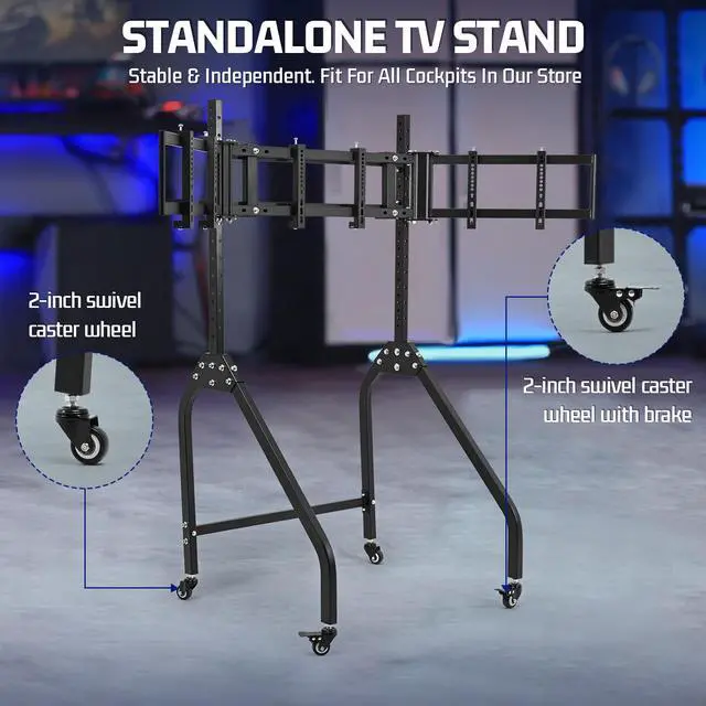 Alt view image 4 of 7 - Minneer Sim Racing Triple Monitor Stand with Wheels Compatible with 27/32-inch Displays Height and Tilt Adjustable, A-Frame Base for Flight & Driving Simulator Cockpit Rig