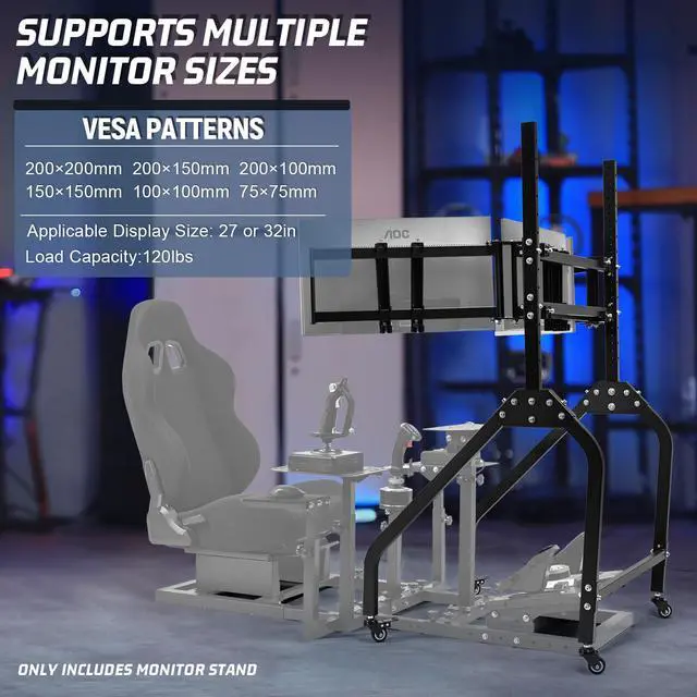 Alt view image 5 of 7 - Minneer Sim Racing Triple Monitor Stand with Wheels Compatible with 27/32-inch Displays Height and Tilt Adjustable, A-Frame Base for Flight & Driving Simulator Cockpit Rig
