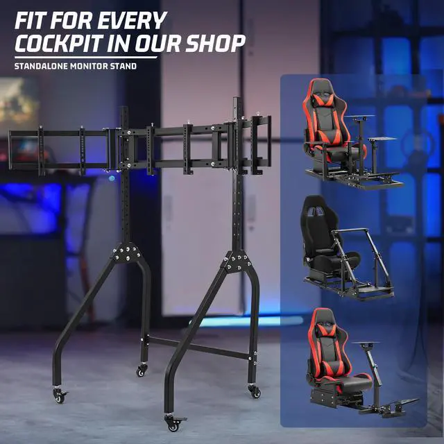 Alt view image 6 of 7 - Minneer Sim Racing Triple Monitor Stand with Wheels Compatible with 27/32-inch Displays Height and Tilt Adjustable, A-Frame Base for Flight & Driving Simulator Cockpit Rig