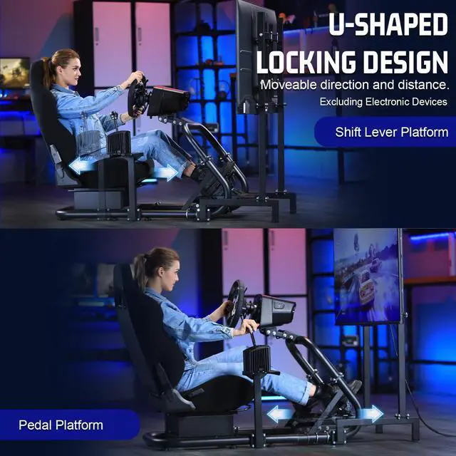 Alt view image 6 of 7 - Minneer Racing Simulator Cockpit with TV Stand&Seat Adjustable Fit for Logitech I Thrustmaster I FANATEC G920,Double Arm Triangle Support,Shifter Platform Upgrade,No Wheel Pedal TV Handbrake