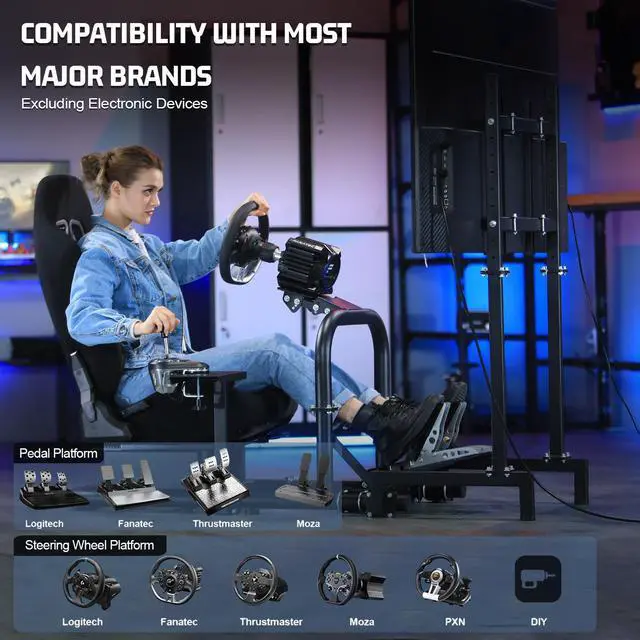 Alt view image 7 of 7 - Minneer Pro Stability racing simulator cockpit Black Racing Seat Equipped with Display TV Stand fit for race car seat Logitech, Thrustmaster, Fanatec, pc, Xbox, Ps5, Wheel Shifter Pedals NOT Included