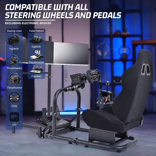 Alt view image 6 of 7 - Minneer Racing Simulator Cockpit Vertical Bracket with Triple Monitor Stand and Black Seat Compatible with Logitech/Thrustmaster/Fanatec G29 G920 T300RS CSL-DD, No Steering Wheel, Pedal or Shifter