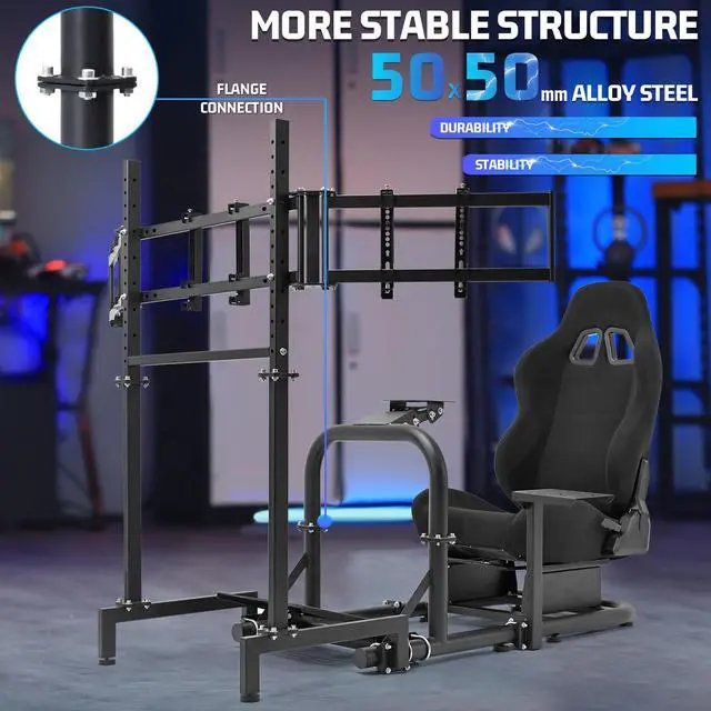 Alt view image 3 of 7 - Minneer Racing Simulator Cockpit Vertical Bracket with Triple Monitor Stand and Black Seat Compatible with Logitech/Thrustmaster/Fanatec G29 G920 T300RS CSL-DD, No Steering Wheel, Pedal or Shifter
