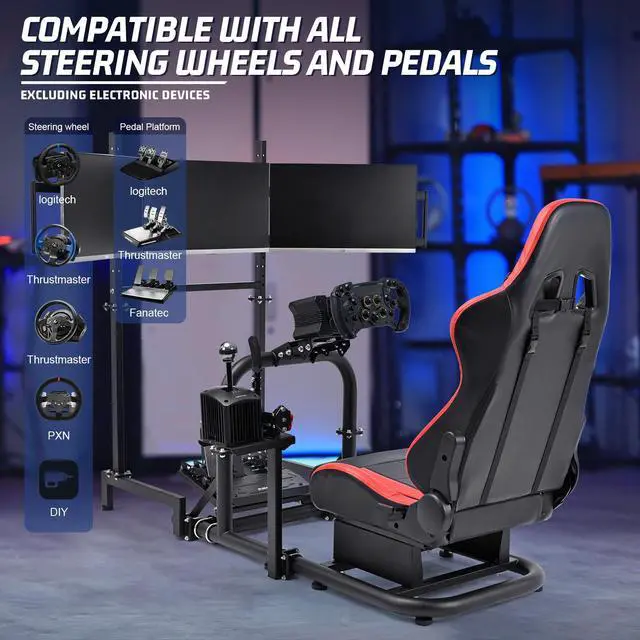 Alt view image 6 of 6 - Minneer Racing Simulator Cockpit Vertical Bracket with Triple Monitor Stand and Red Seat Fit for Logitech/Thrustmaster/Fanatec G29 G920 G923 T300RS CSL-DD