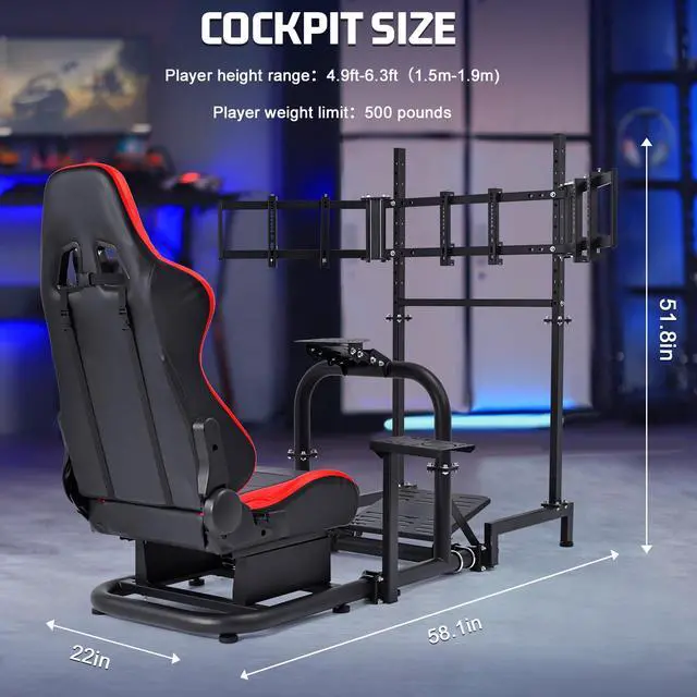 Alt view image 2 of 6 - Minneer Racing Simulator Cockpit Vertical Bracket with Triple Monitor Stand and Red Seat Fit for Logitech/Thrustmaster/Fanatec G29 G920 G923 T300RS CSL-DD