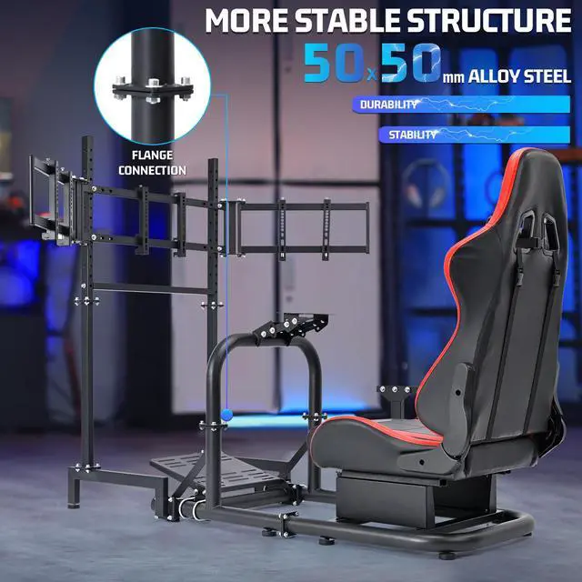 Alt view image 3 of 6 - Minneer Racing Simulator Cockpit Vertical Bracket with Triple Monitor Stand and Red Seat Fit for Logitech/Thrustmaster/Fanatec G29 G920 G923 T300RS CSL-DD