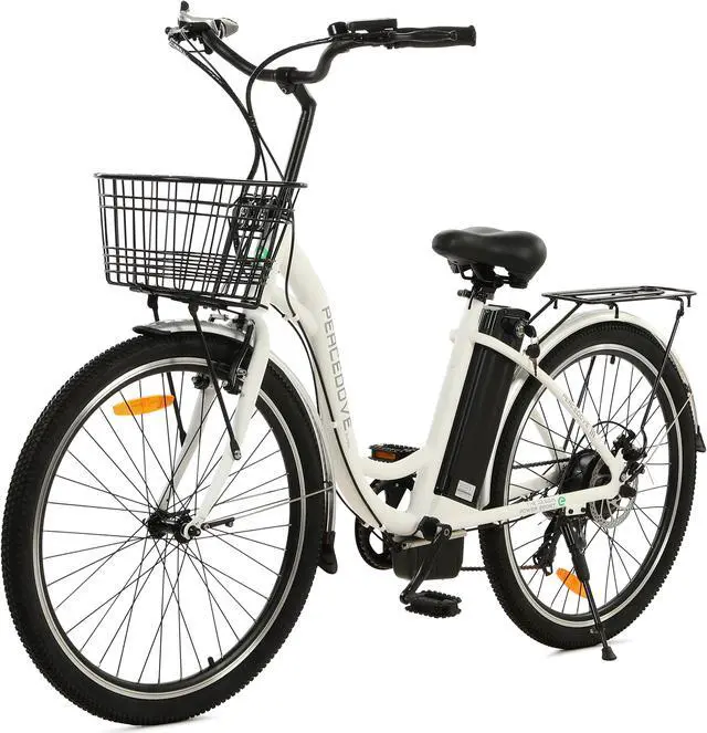 Alt view image 2 of 7 - Ecotric 36V 10AH 350W 26inch Commute Step-Through White Peacedove electric city bike with basket, Shimano 7-speed and rear rack
