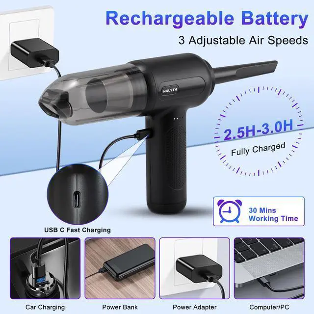 Alt view image 5 of 7 - NOLYTH Handheld Cordless Vacuum and Air Duster 2-in-1, Brushless Motor 14000PA Suction, 3 Gear Adjustable, LED Light, USB-C Fast Charging, Mini Vacuum Cleaner for Car Home Pet Keyboard PC Cleaning