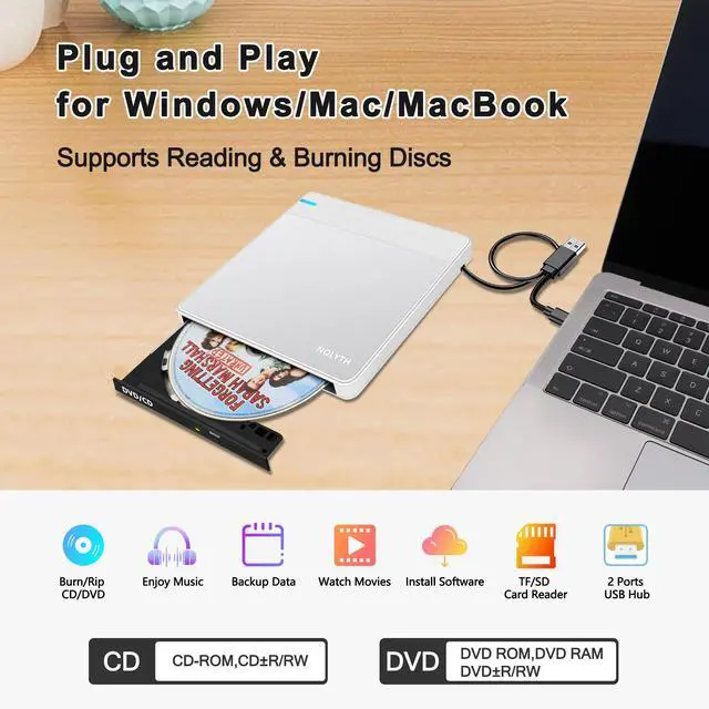 Alt view image 2 of 7 - NOLYTH External CD/DVD Drive for Laptop: USB 3.0/USB-C Burner for Windows 11/10 & Mac OS with 2 USB/SD/TF Slot - Portable Slim Plug & Play DVD±RW for PC Apple MacBook Pro/Air(Silver-White)