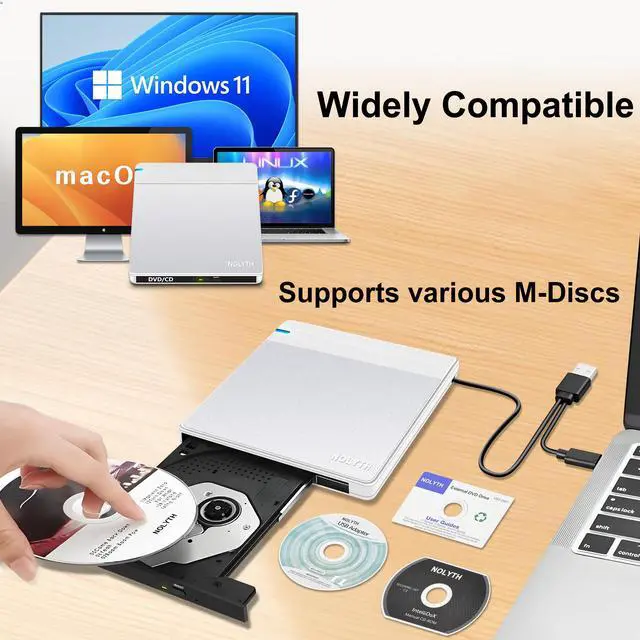 Alt view image 3 of 7 - NOLYTH External CD/DVD Drive for Laptop: USB 3.0/USB-C Burner for Windows 11/10 & Mac OS with 2 USB/SD/TF Slot - Portable Slim Plug & Play DVD±RW for PC Apple MacBook Pro/Air(Silver-White)