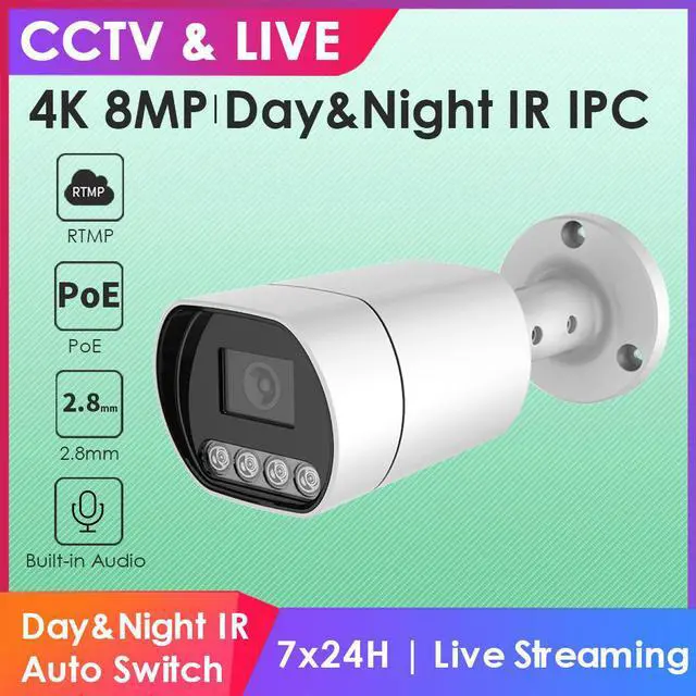 Alt view image 2 of 5 - EXVIST 4K 8.0MP PoE IR Weatherproof Compact Bullet Live Streaming IP Camera for Broadcasting to YouTube Facebook Twitch etc. by RTMP W/2.8mm Wide Angle Lens