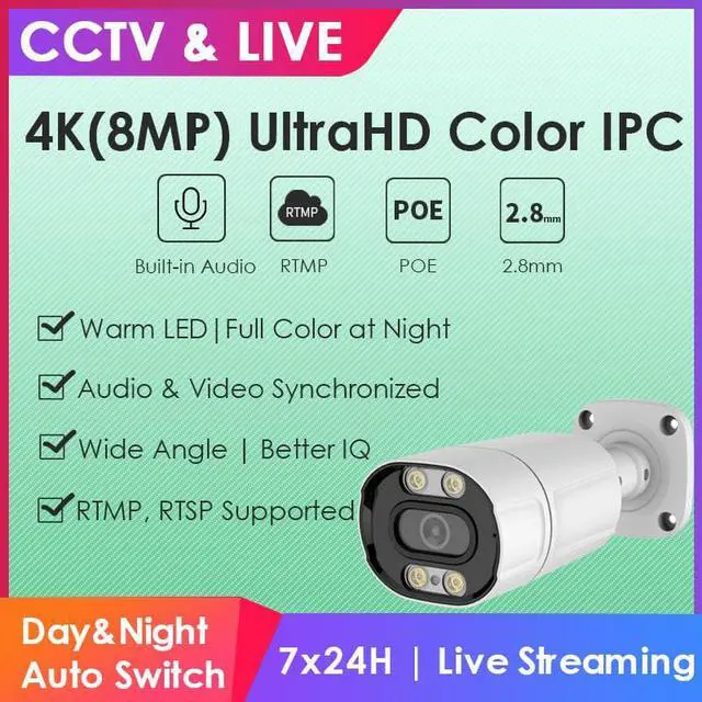 Alt view image 2 of 5 - EXVIST UltraHD 4K Compact Bullet PoE IP Camera, 8MP Full Color Outdoor Security Camera, Hikvision Compatible, 2.8mm Lens, Human Detection, IP66 Waterproof, RTMP to YouTube, Facebook etc.