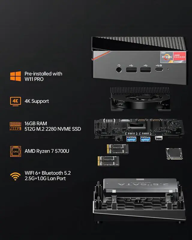 Alt view image 5 of 7 - WSIRAK aoostar MN57 Ryzen 7 5700U Mini PC 8C/16T(Up to 4.3GHz; Mini Gaming PC W11 Pro with 16GB DDR4 512G NVMe M.2 SSD,Mini Desktop PC Support 2.5G RJ45 4K Triple Display/BT 5.2/WiFi 6 for Home Office