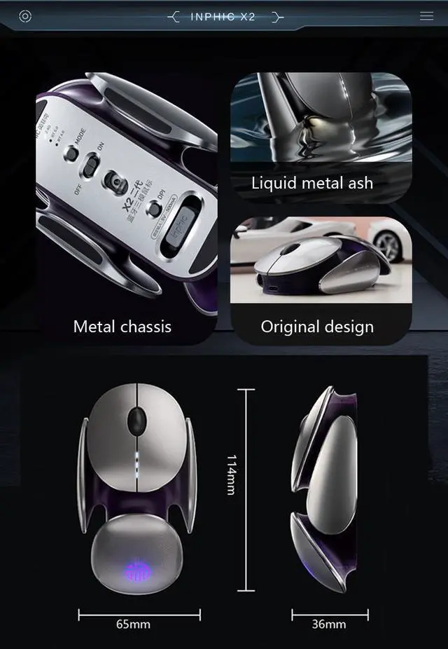 Alt view image 7 of 7 - WSIRAK X2 Wireless Mouse Three Mode Mute RGB Rechargeable Metal Science Fiction Style Gaming Mouse Pc Gamer Accessories Office