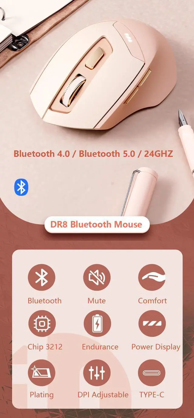 Alt view image 2 of 7 - WSIRAK DR8 Bluetooth Mouse Three Modes Computer Laptop Mouse 800 1200 1600 DIP 2.4G Wireless Mice Office Game Drawing Mouse