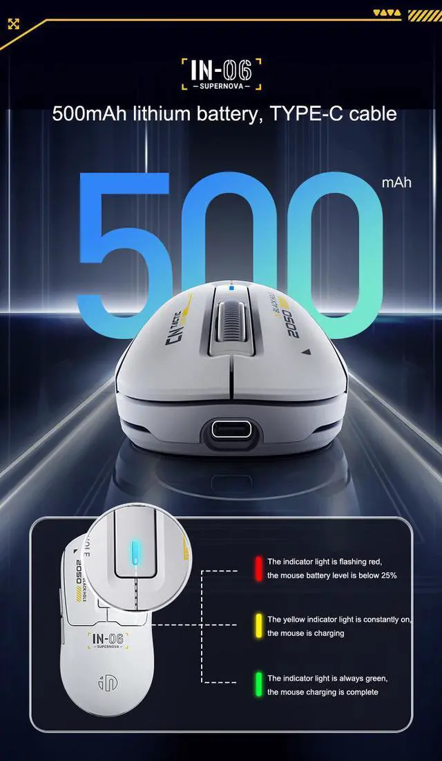 Alt view image 5 of 7 - WSIRAK Supernova Wireless Bluetooth Mouse TYPE-C Wired Lightweight Gaming Mouse PAW3395 Sensor 26000 DPI 650 IPS Esport Mice
