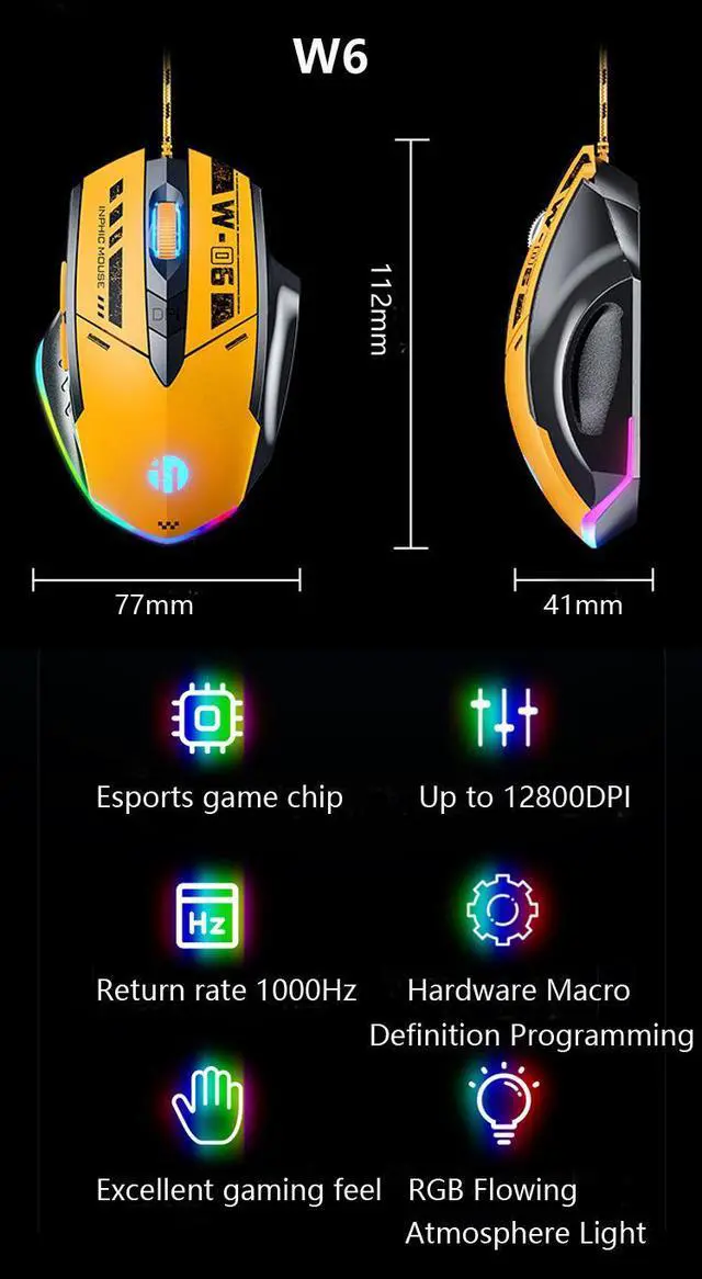 Alt view image 2 of 6 - WSIRAK W6 Wired Mouse E-sport Gaming Mouse RGB LED Backlight Mechanical Mouse For Laptop Computer Office Home Gamers