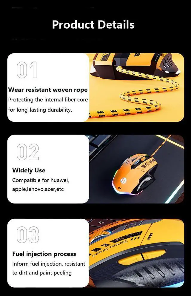 Alt view image 6 of 6 - WSIRAK W6 Wired Mouse E-sport Gaming Mouse RGB LED Backlight Mechanical Mouse For Laptop Computer Office Home Gamers