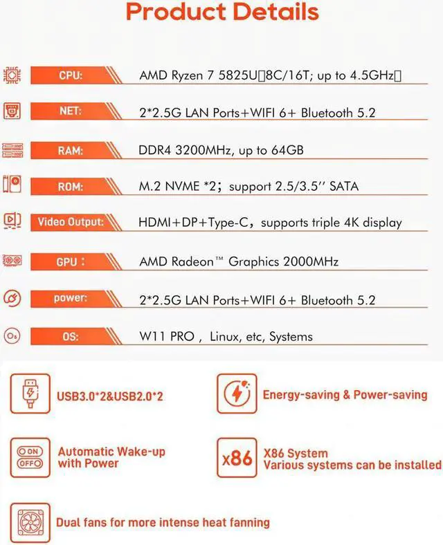 Alt view image 7 of 7 - WSIRAK AOOSTAR R7 2 Bay 40T NAS Storage AMD Ryzen 7 5825U Mini PC(8C/16T; up to 4.5GHz)with W11 PRO DDR4 RAM 2* M.2 NVME