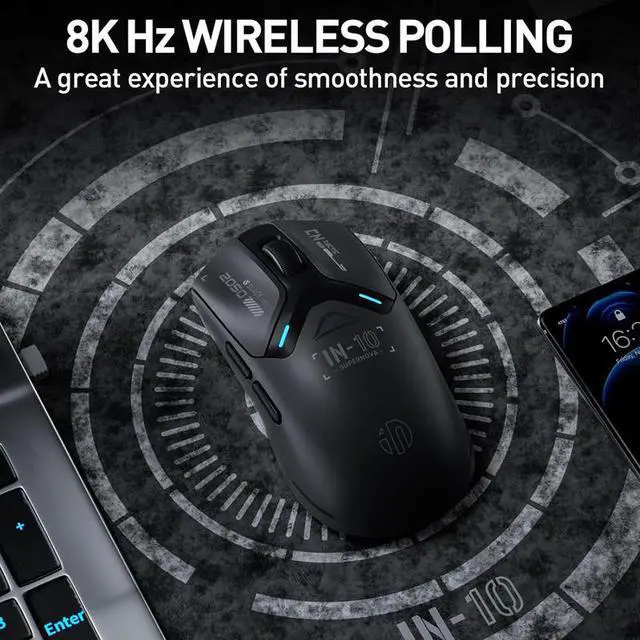 Alt view image 4 of 7 - Wsirak IN10 Superlight Wireless Gaming Mouse 8K Polling Rate 26,000 DPI Tri-Mode PAW3395 Sensor Fully Programmable