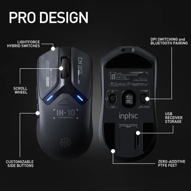 Alt view image 7 of 7 - Wsirak IN10 Superlight Wireless Gaming Mouse 8K Polling Rate 26,000 DPI Tri-Mode PAW3395 Sensor Fully Programmable