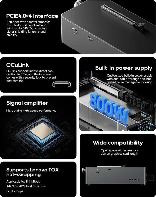 Alt view image 3 of 6 - Wsirak AG01 EGPU Enclosure Graphics Card Dock with Oculink Port 800W Power Supply(for EGPUs up to 600W)